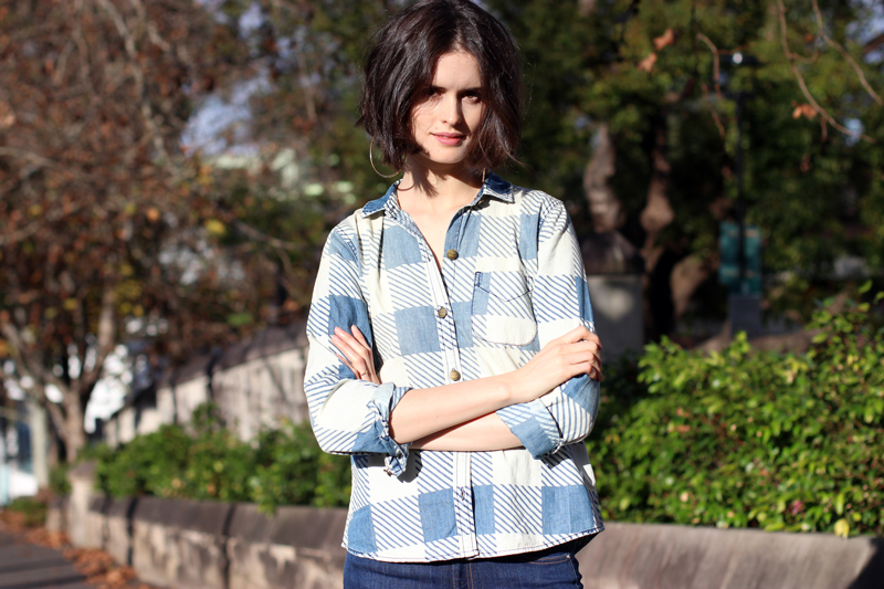 AUSTRALIAN-FASHION-BLOG-_-Current-Elliott-The-Slim-printed-denim-shirt-in-blue-and-white-from-The-Outnet-and-Christie-Nicolaides-large-gold-hoops