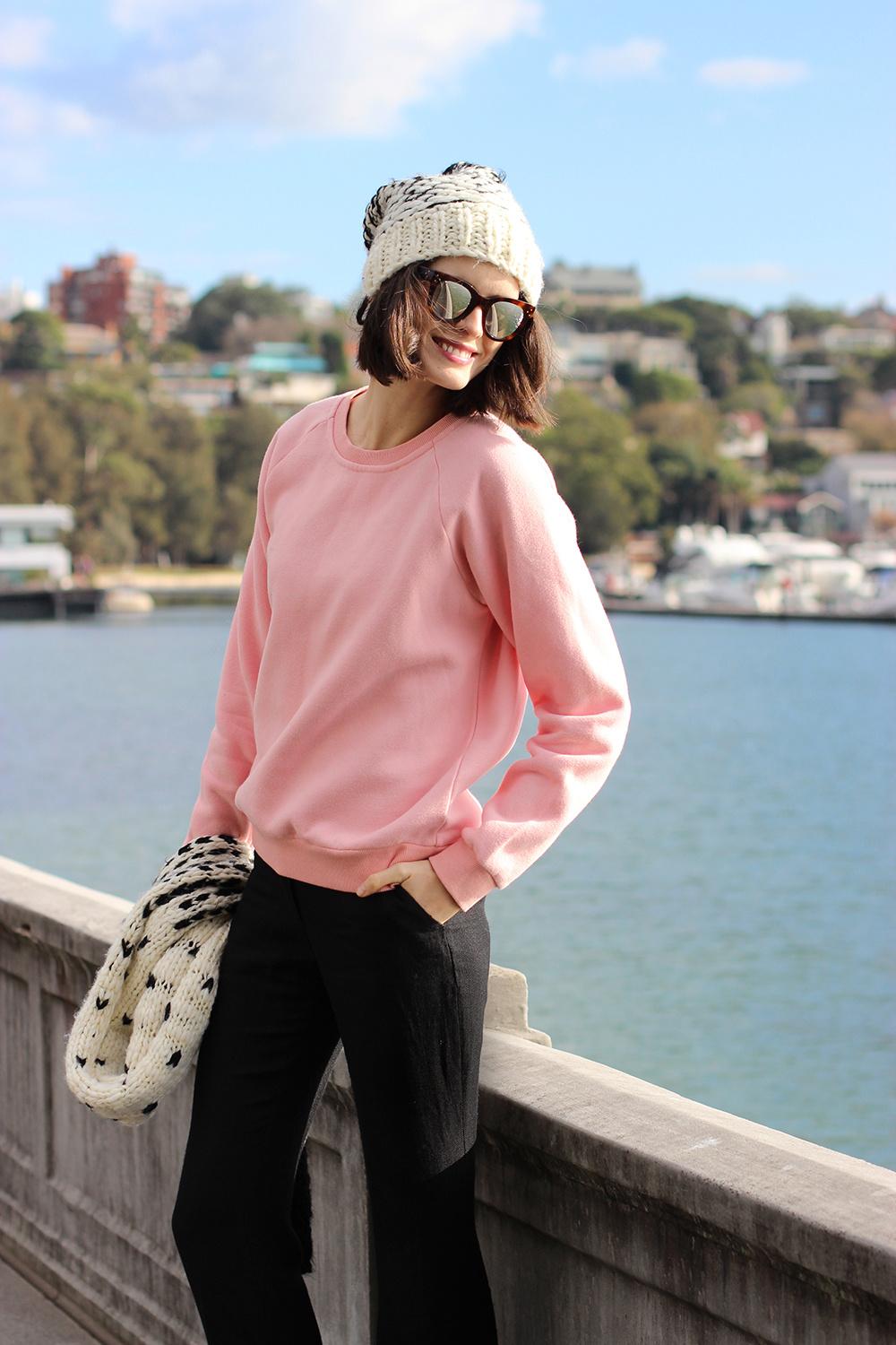 CHLOE CHILL FASHION AND SHOPPING BLOG | Morrison Clothing knitted beanie and scarf, Vale Denim pink fluffy sweater, Stella McCartney flare trousers, New Balance sneakers and Spektre reflective sunglasses