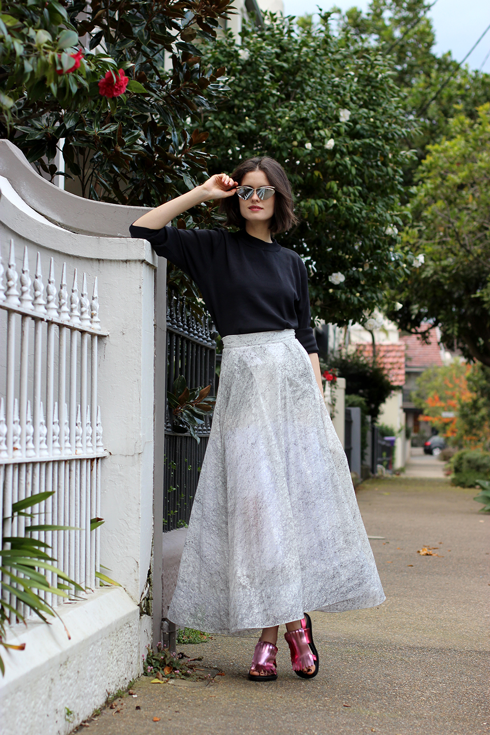 CHLOE CHILL FASHION BLOG | Super Youth black knit jumper, Maticevski white full skirt and Marni chunky pink sandals and Le Specs luxe reflective sunglasses