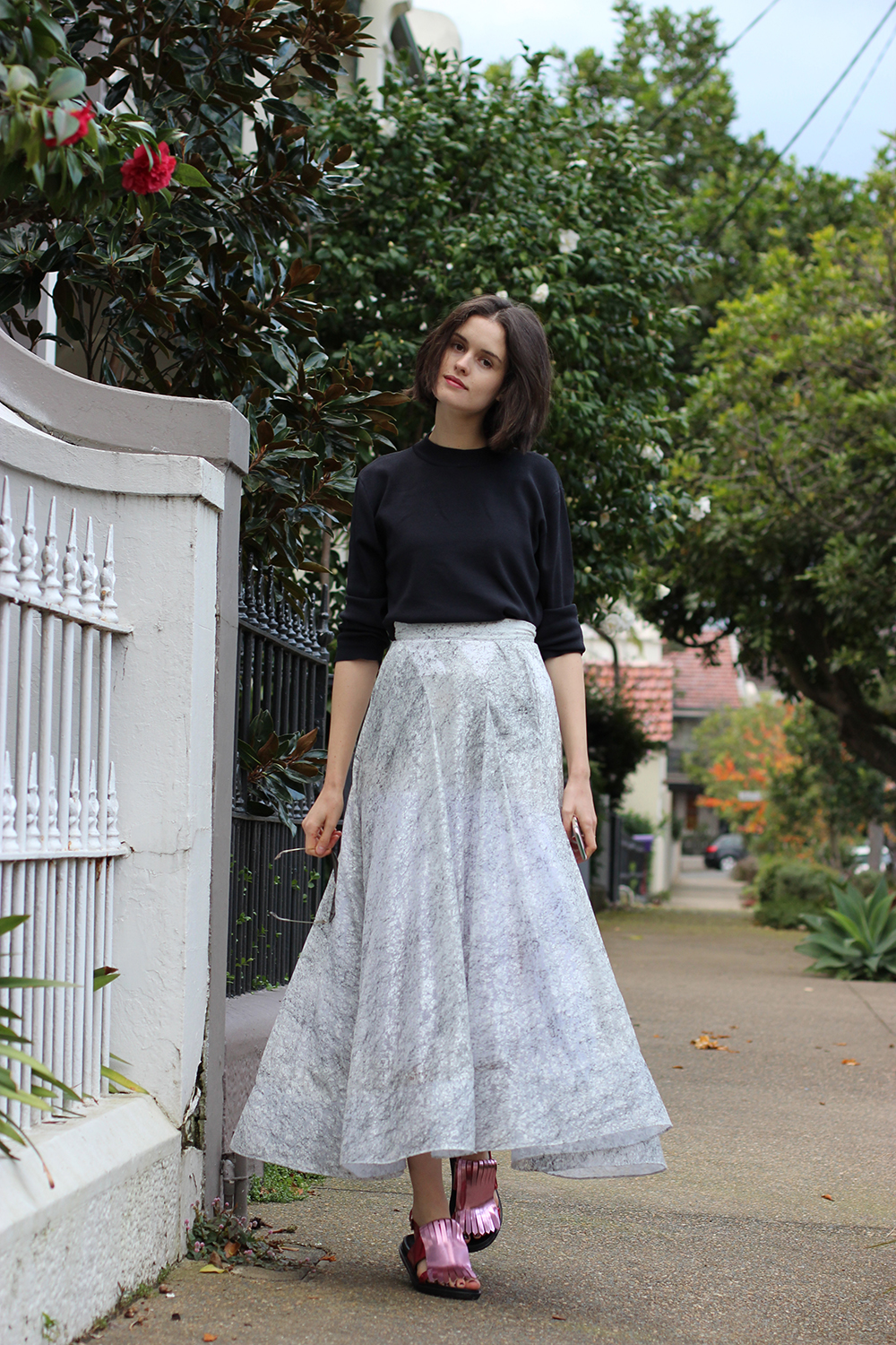 CHLOE CHILL FASHION BLOG | Super Youth black knit jumper, Maticevski white full skirt and Marni pink metallic sandals