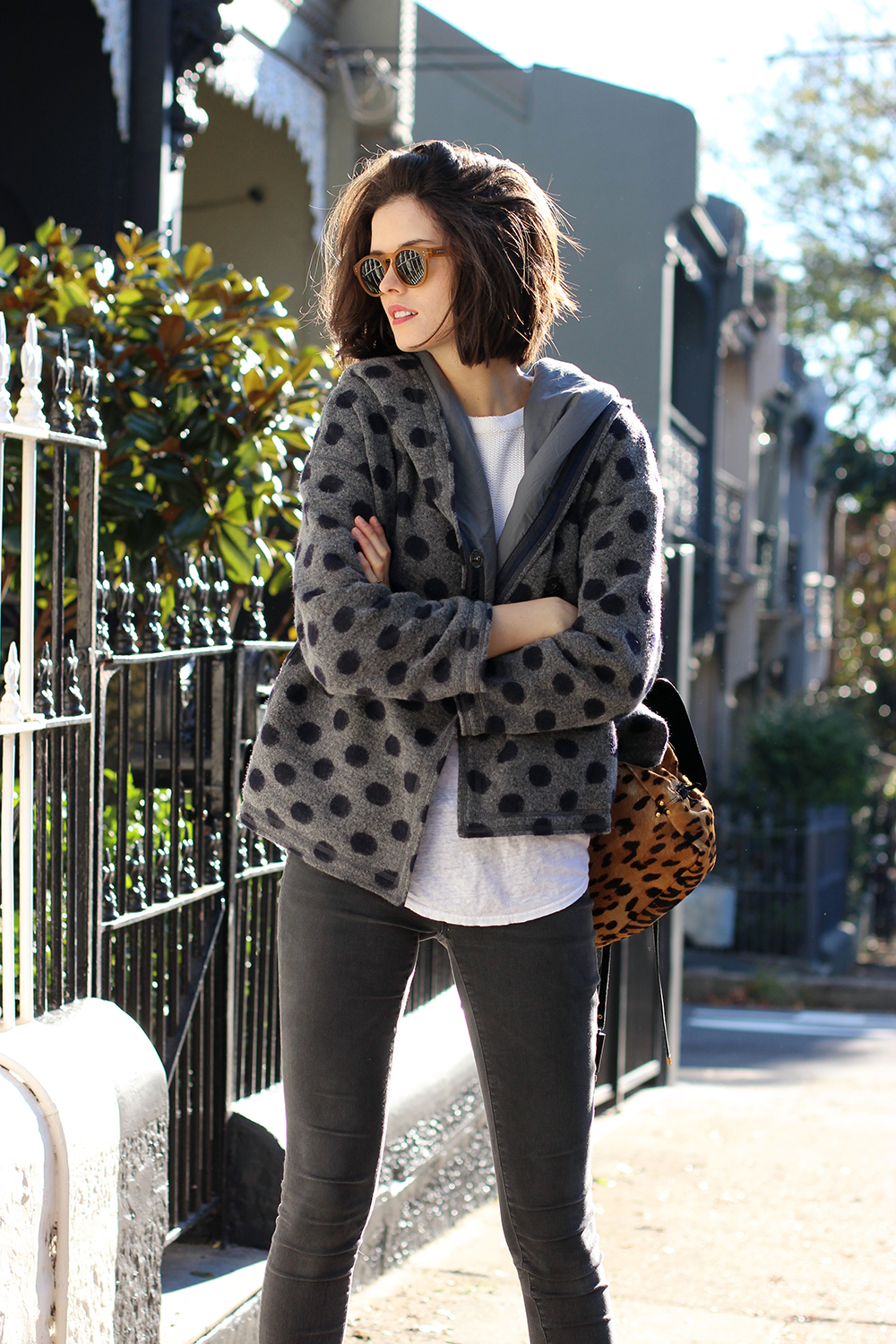 Chloe C Hill Australian fashion blog | Lee mathews Polka Dot Boiled Wool Jacket, AG grey skinny jeans and Local supply brown sunglasses