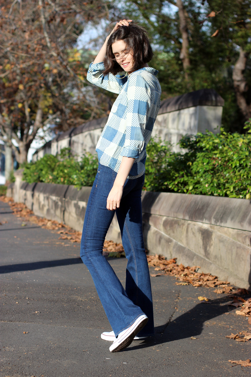 SYDNEY-FASHION-BLOG-_-Chloe-Hill-wearing-Current-Elliott-checked-denim-shirt-and-Rag-and-Bone-flared-jeans-from-The-Outnet