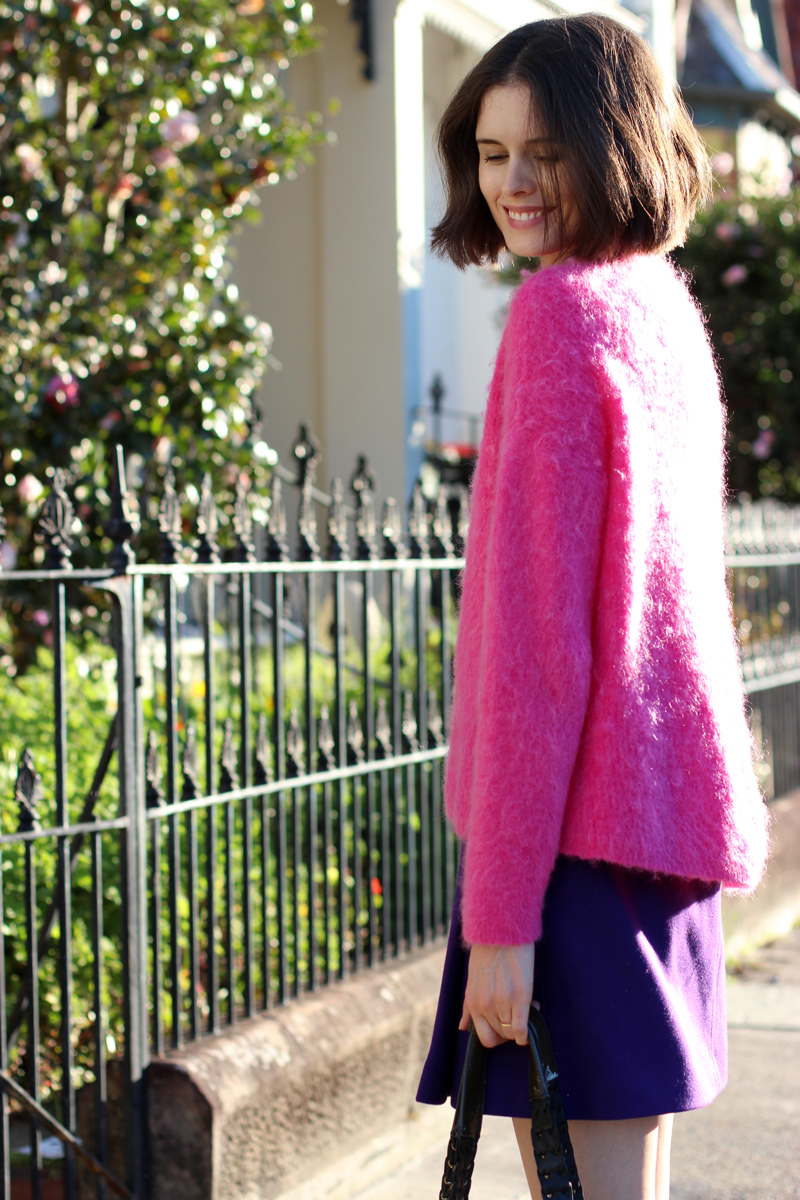 CHLOE-CHILL-FASHION-AND-BEAUTY-BLOG-Sass-and-Bide-pink-fuffy-jumper,-cos-purple-wool-mini-skirt-on-the-dtressts-of-sydney