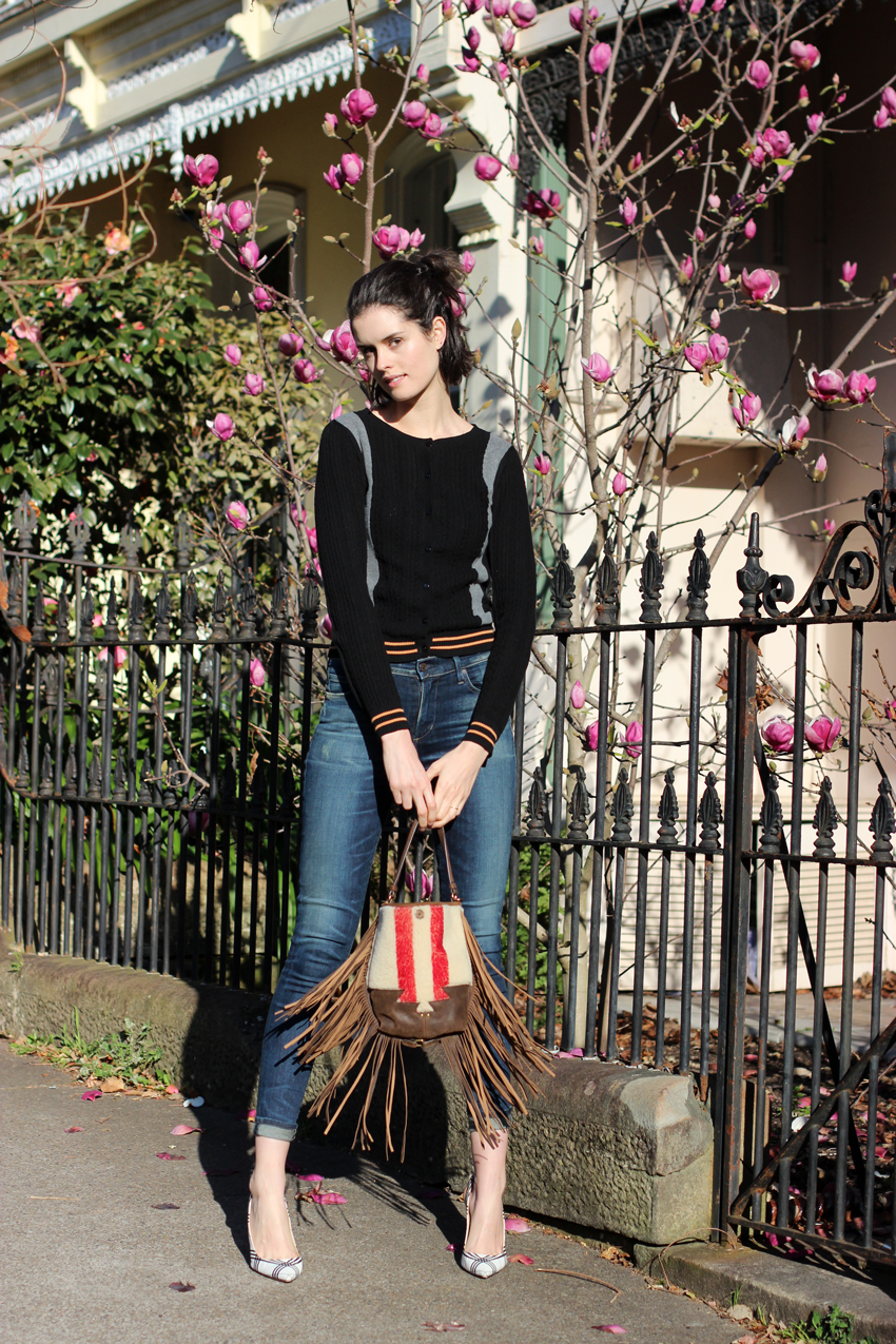 Chloe-Hill-Wearing-Kate-Sylvester-black-cardigan,-citizens-of-humanity-blue-skinny-jeans,-jerome-dreyfuss-shearing-bag-and-oscar-de-la-renta-check-heels