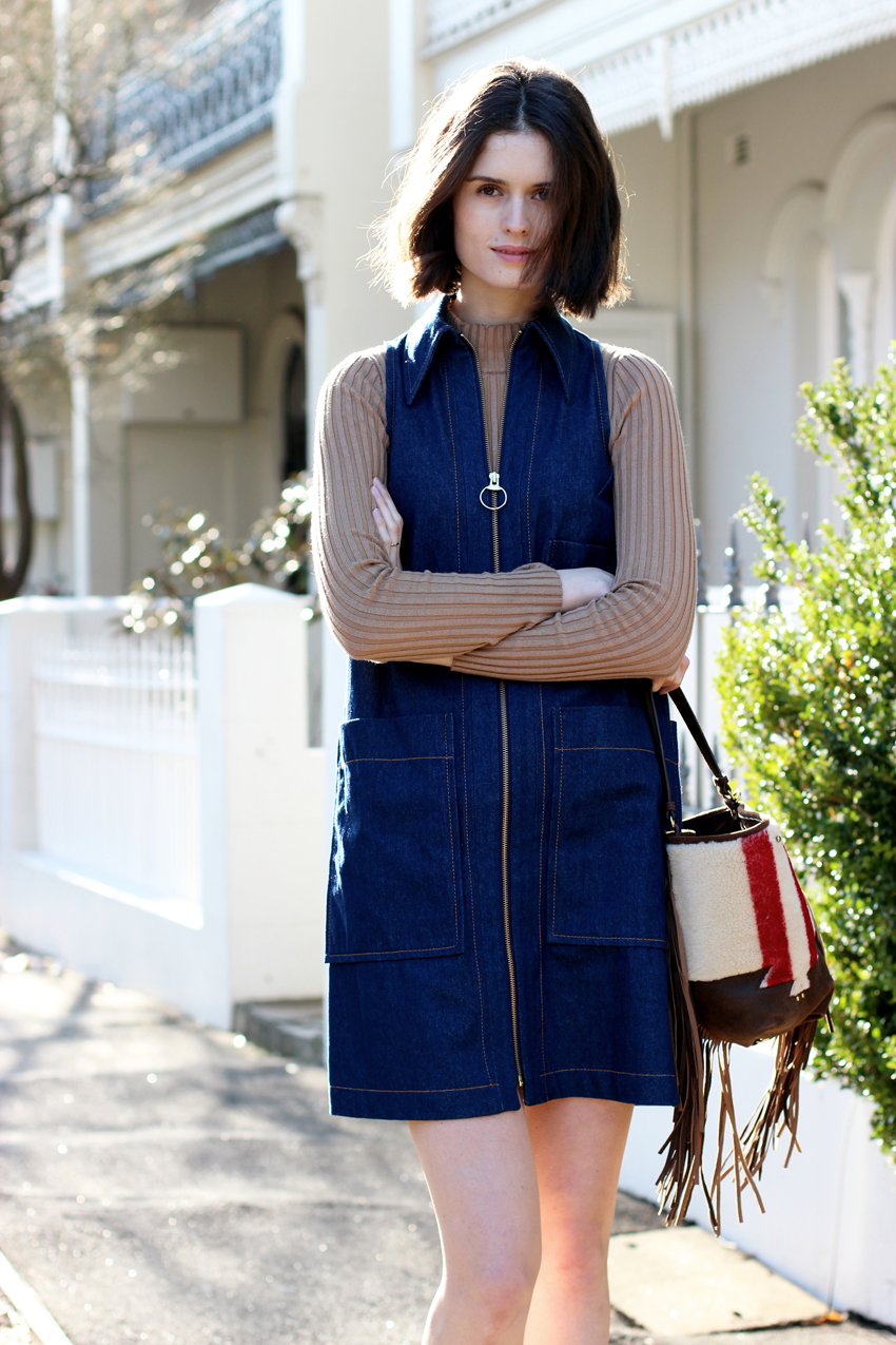 Sydney-Fashion-Blog-by-Chloe-Hill-Wearings-Karen-Walker-denim-dress-and-forever-21-ribbed-knit-sweater-and-Jerome-Dreyfuss-shearling-bag