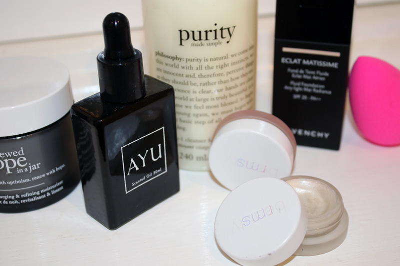 Beauty favourites available in australia featuring philosophy cleanser and night cream, AYU scented oil, rms beauty, givenchy foundation and pink beauty blender