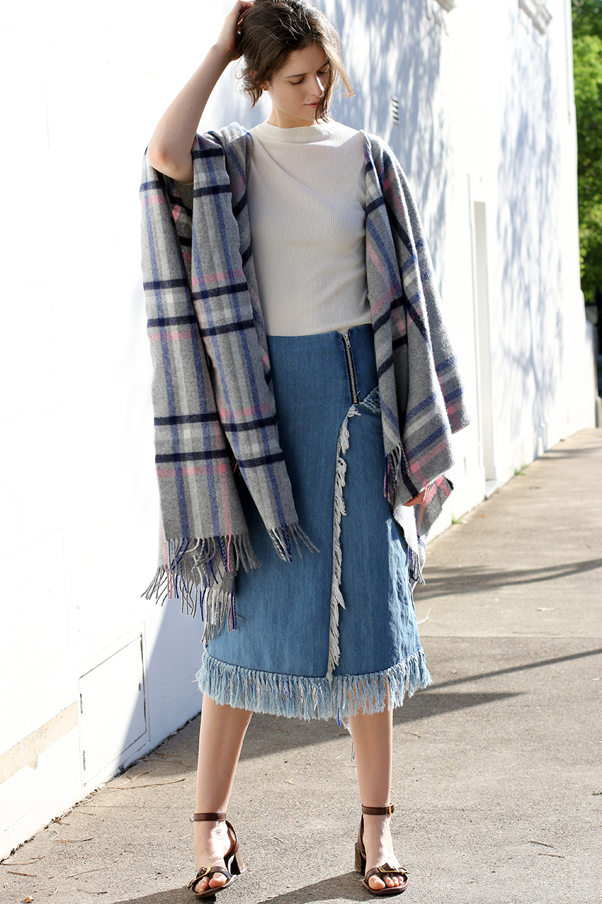 Chloe C Hill in Boden checked blanket wrap, ribbed tshirt, Vale denim frayed skirt and stella mccartney shoes