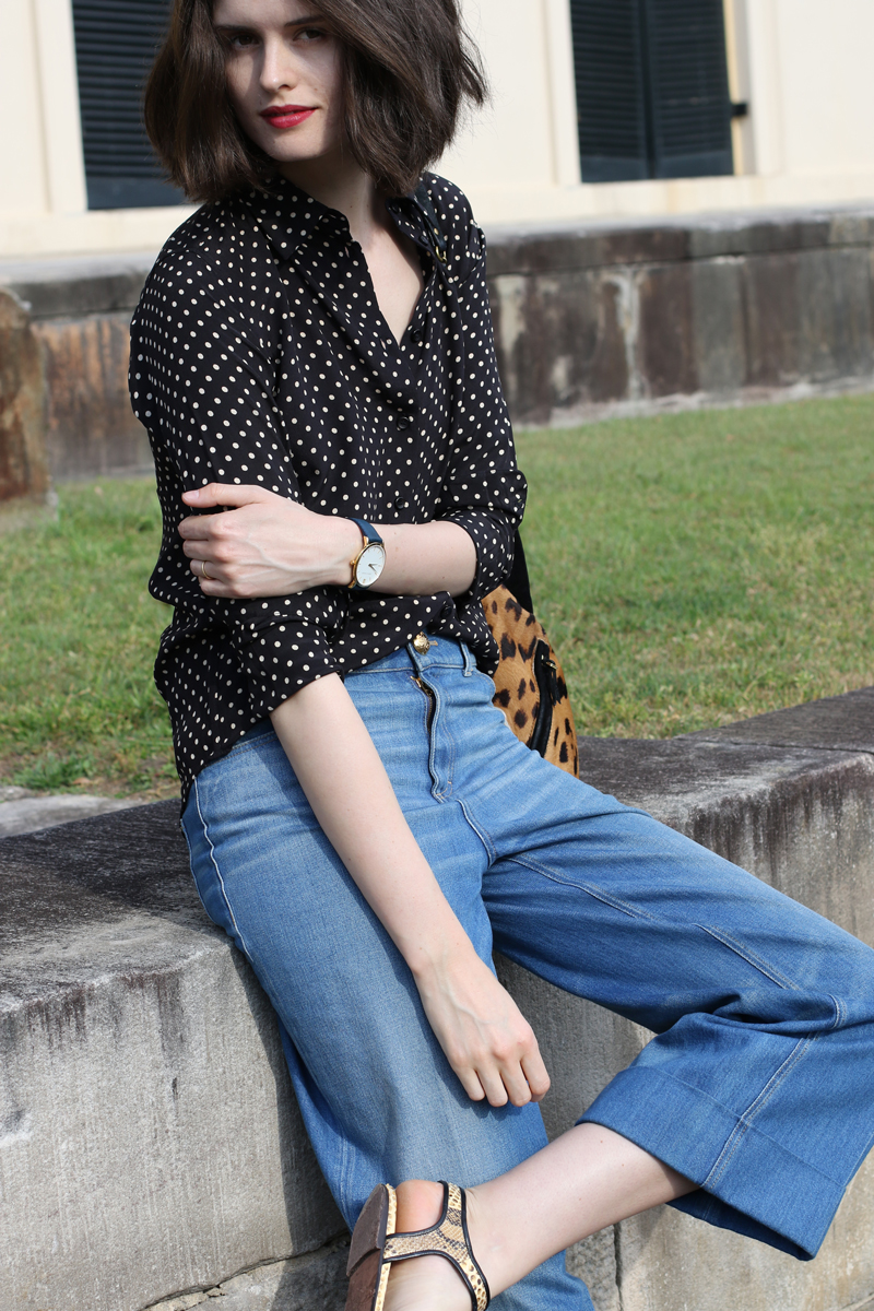 Chloe-Hill-in-the-fable-spotted-silk-shirt,-gucci-wide-leg-jeans-and-marni-python-sandals