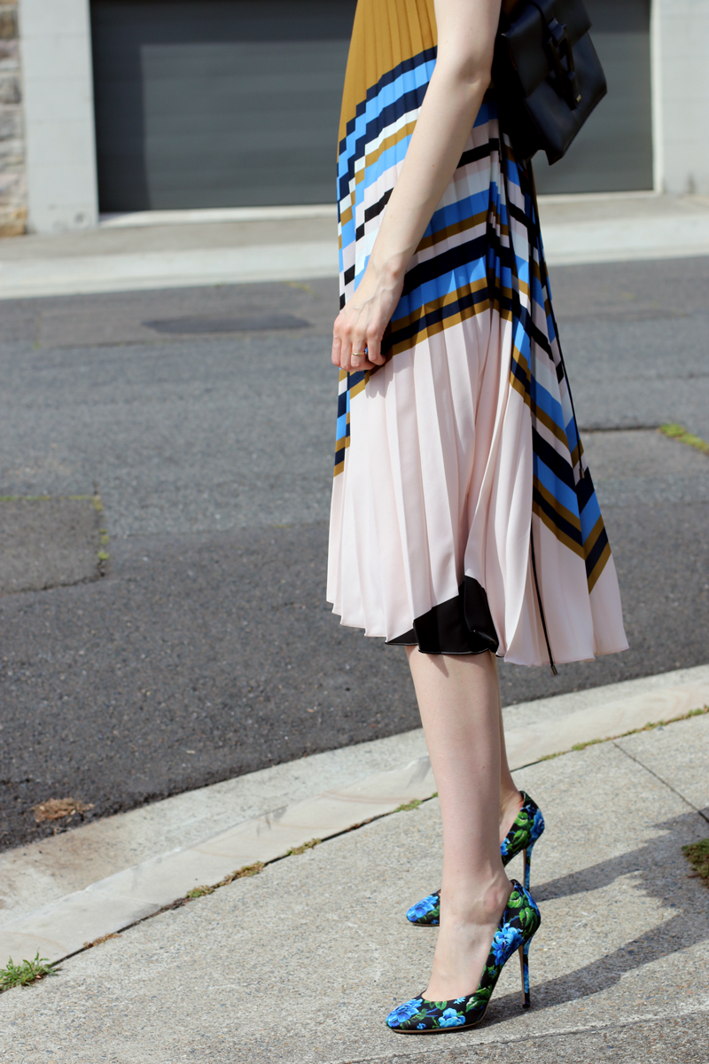 Zimmermann-stripe-pleat-dress-and-Miu-Miu-Floral-Heels-on-the-streets-of-Sydney,-Australia