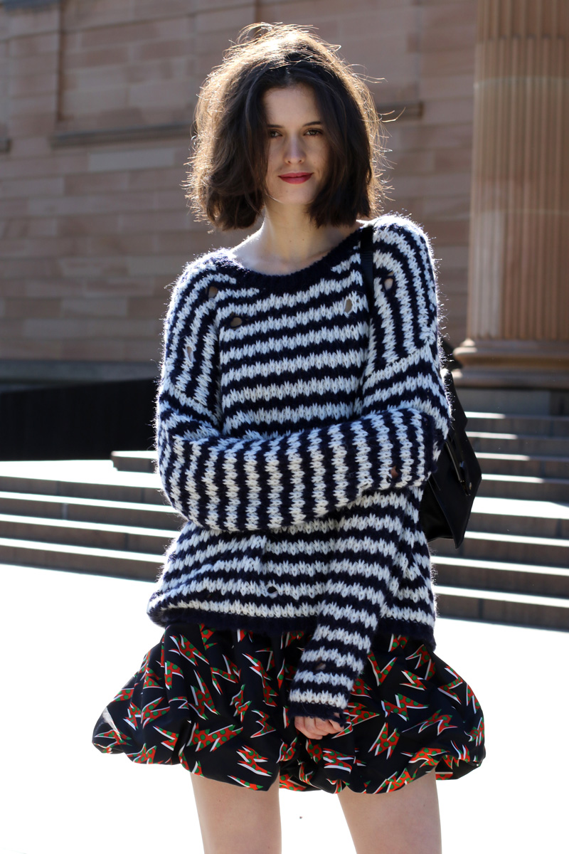 Australian Style Blogger Chloe Hill Wearing Iro Paris striped sweater and Miu Miu print bubble skirt on the streets of Sydney, Australia