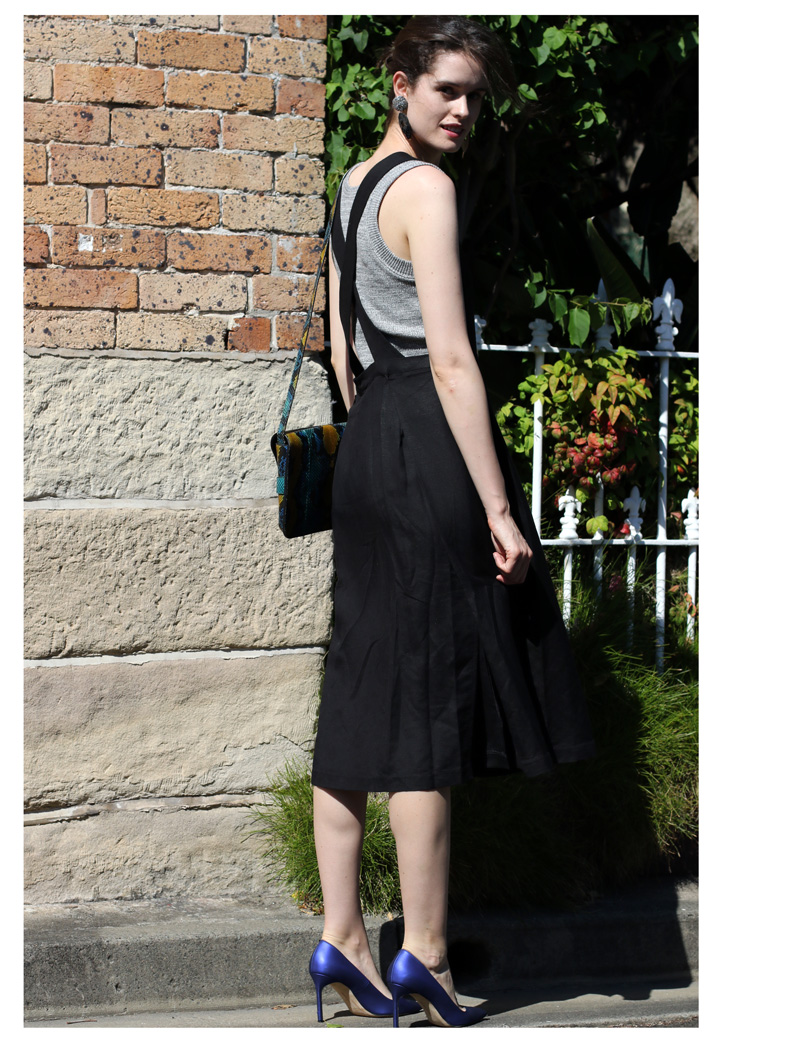 Chloe Hill Wearing Bul pinafore dress, iro paris grey tank top, vintage sequin earrings and manolo blahniks on the streets of sydney