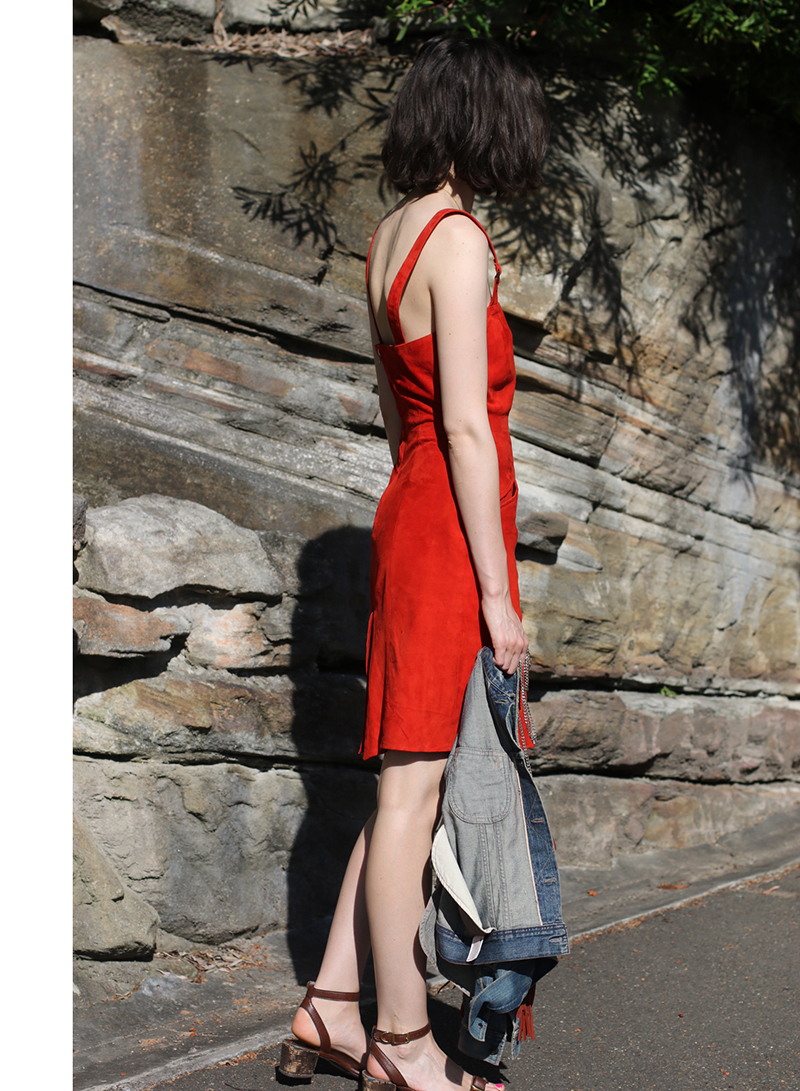 Chloe-Hill-wearing-Jennifer-Kate-red-suede-dress-and-Citizens-of-Humanity-denim-jacket-on-the-streets-of-Sydney-9