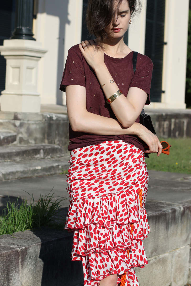 Australian Fashion Blog - Chloe Hill in Iro Paris t-shirt and Easton Pearson spotted tiered skirt in Elizabeth Bay