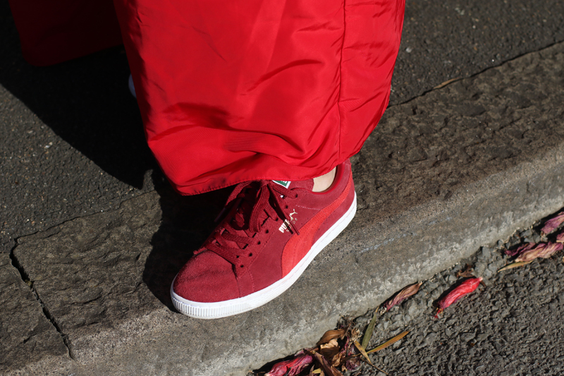 Puma red suede sneakers on Chloe Chill Fashion Blog