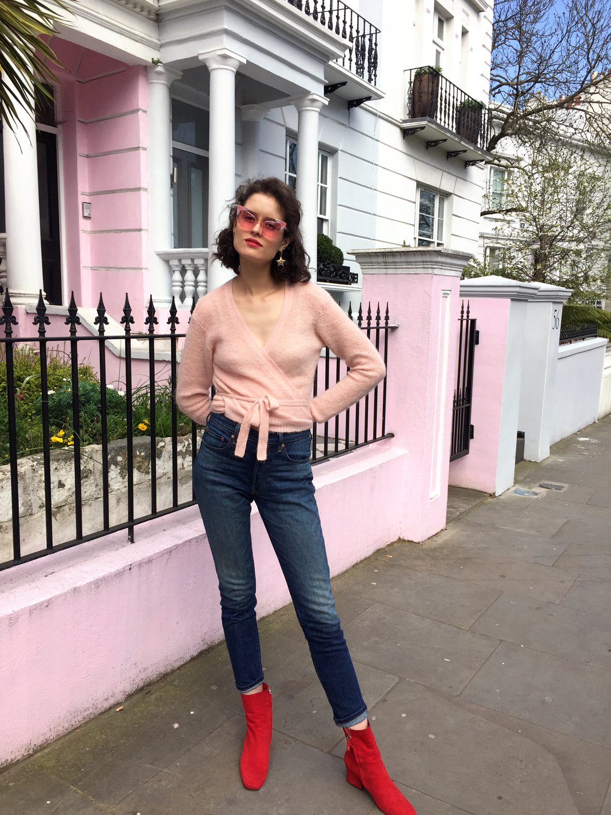 Pared pink cateye sunglasses, Lonely pink cardigan and levis 501 skinny jeans