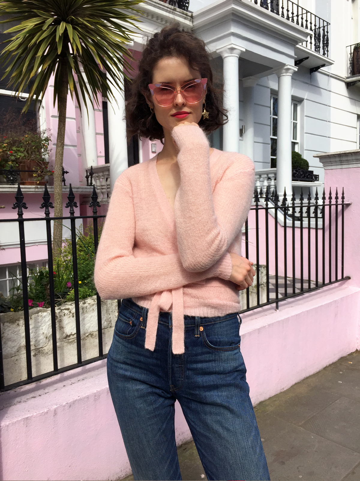Pared pink cateye sunglasses, Lonely pink cardigan and levis 501 skinny jeans
