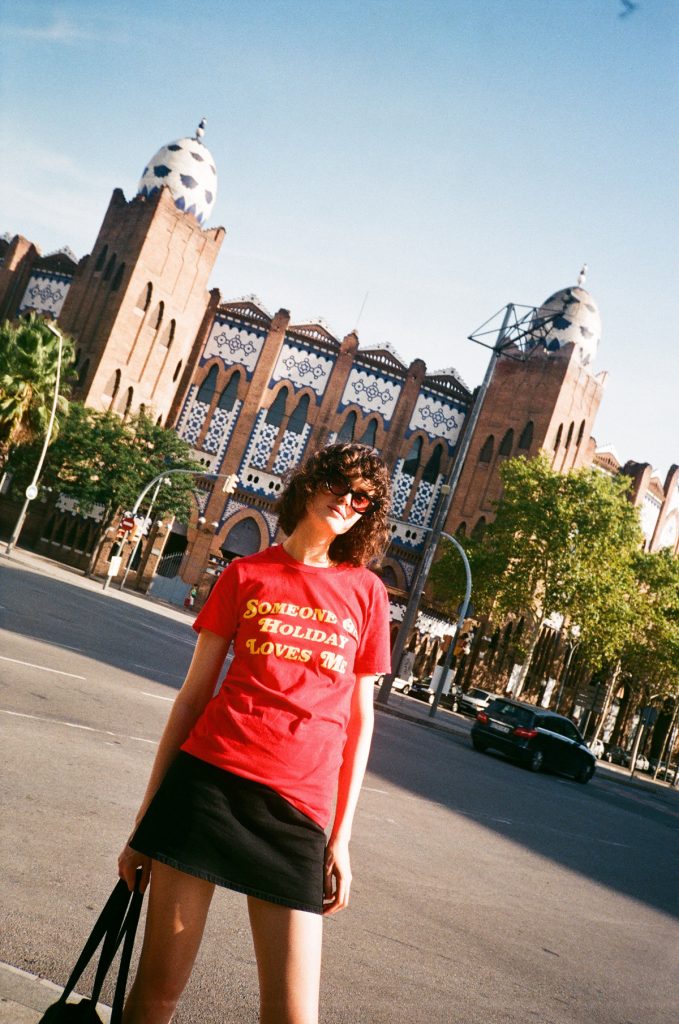 chloe hill in holiday the label red tshirt