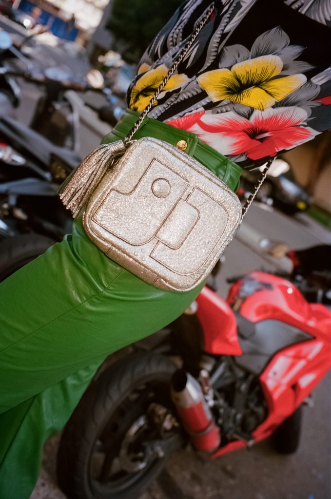Jerome Dreyfuss silver bag and kate sylvester green pants1