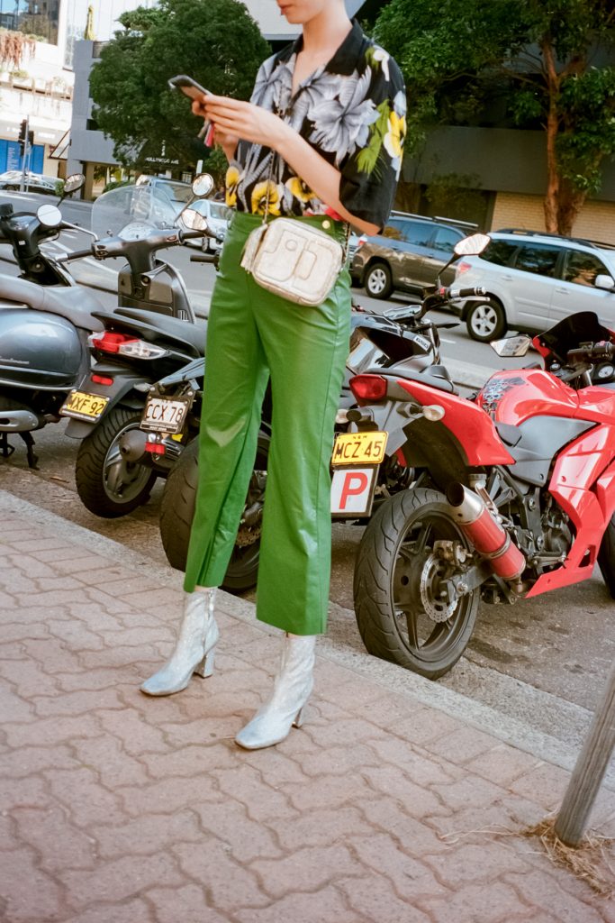Jerome Dreyfuss silver bag and kate sylvester green pants2